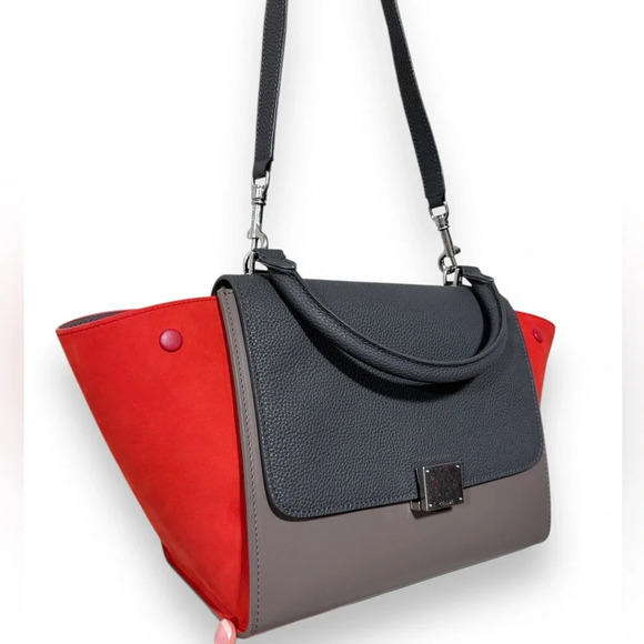 Celine Trapeze Leather Tricolor Red Grey Pebbled Medium Convertible Bag - Picture 2 of 16